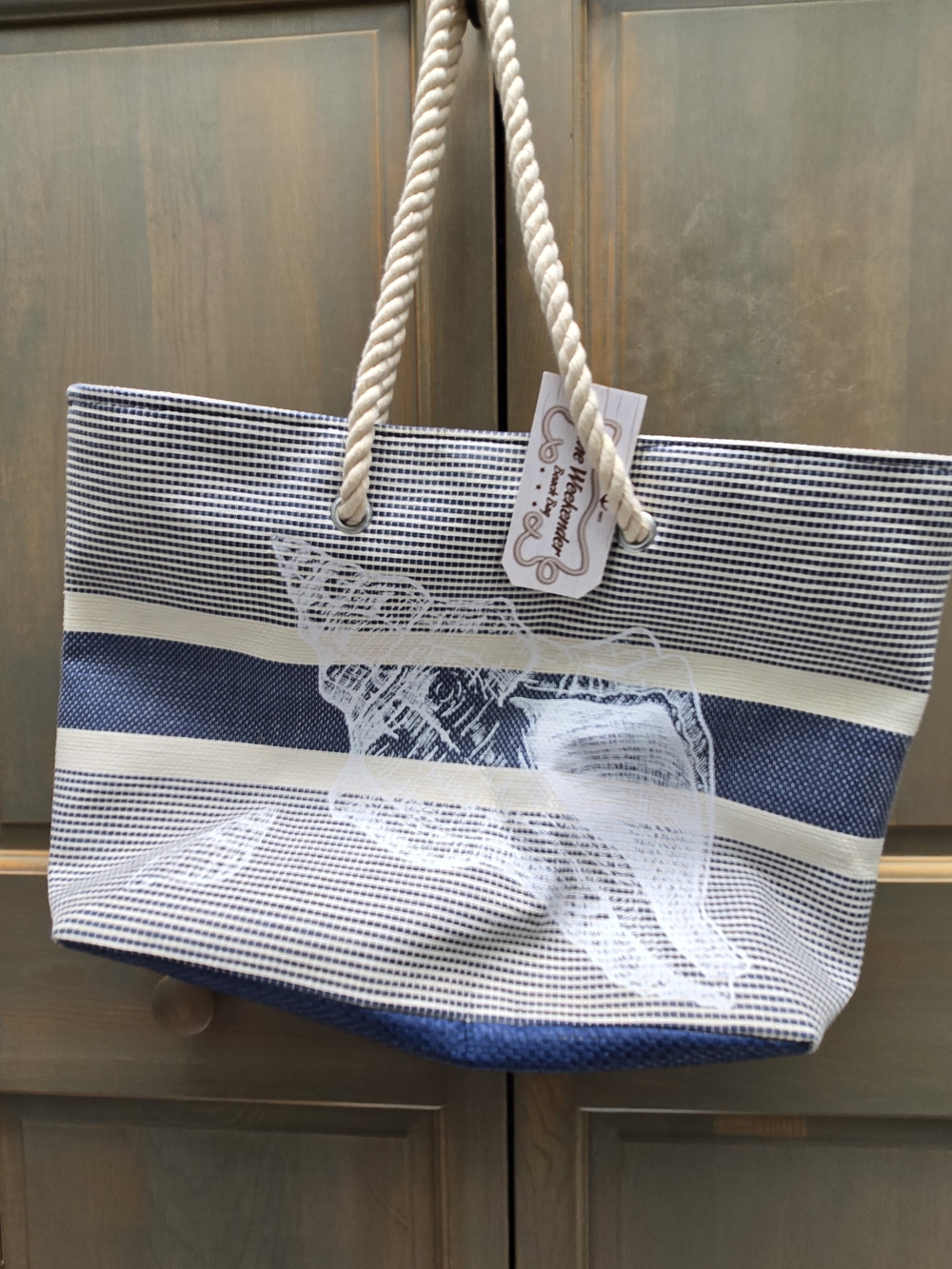 Striped Navy and White Beach Tote with Shell Print